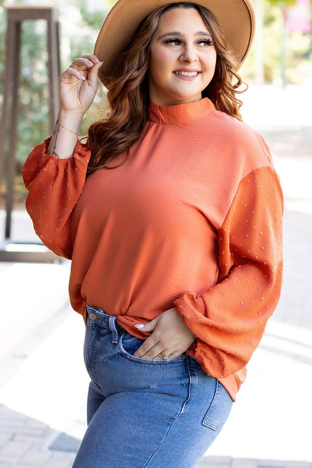 Russet Orange Swiss Dot Balloon Sleeve Loose Blouse - Love Salve